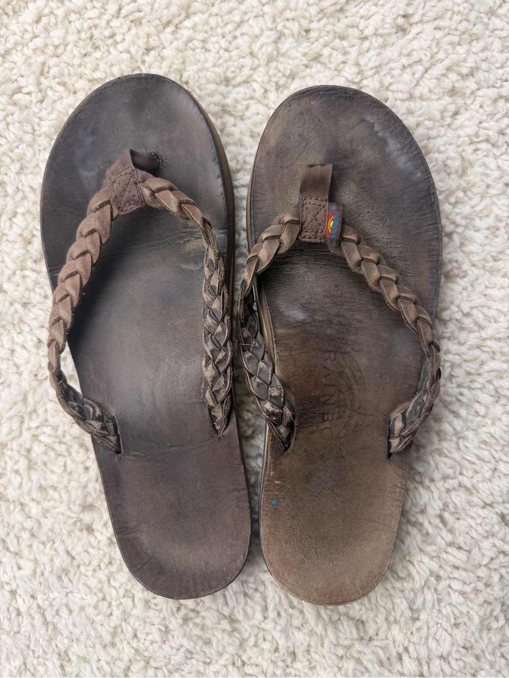 Brown Braided Leather Rainbow Flip Flops